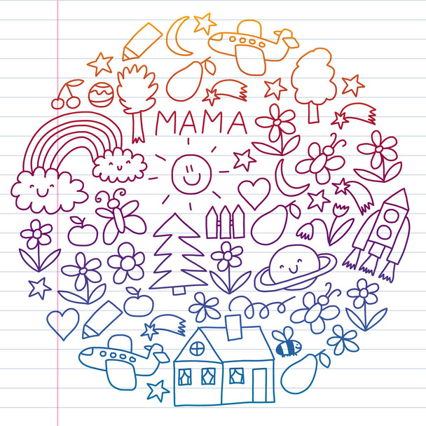 Niños dibujando. Patrón de vector colorido con juguetes, espacio, planeta
 - Vector, imagen