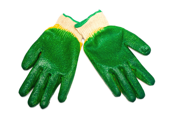 Green rubber gloves close up, isolate on white background - Photo, Image