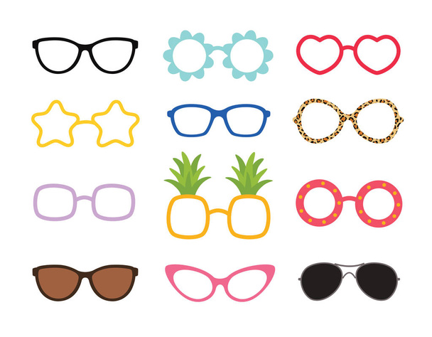 Conjunto de gafas lindas estilo colorido real. Icono de gafas de sol de fiesta en estilo plano. Plantillas de diseño
. - Vector, imagen
