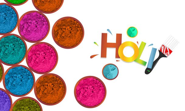 Happy Holi pozdrowienie wektor tle koncepcja element projektu z realistyczny kolorowy proszek Holi. Farba proszkowa niebieski, żółty, różowy i fioletowy - wektor - Wektor, obraz