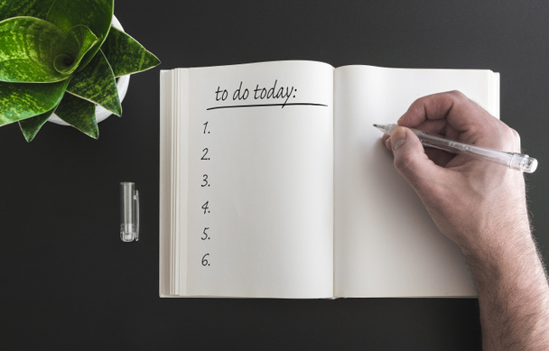 ruka držící pero zápisu do seznamu úkolů v otevřené knize na stole - Fotografie, Obrázek