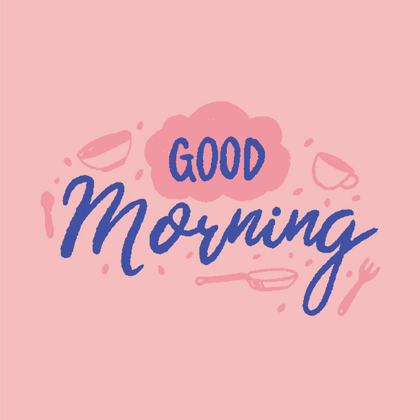 Good morning poster with bowls. Good start of the day concept on pink background. Minimal concept - Vector, Imagen