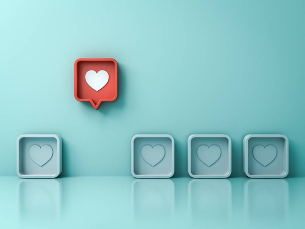 Stand out from the crowd and different creative idea concepts One red 3d social media notification love like heart pin icon pop up from others on light green pastel color wall background 3D rendering - Photo, Image