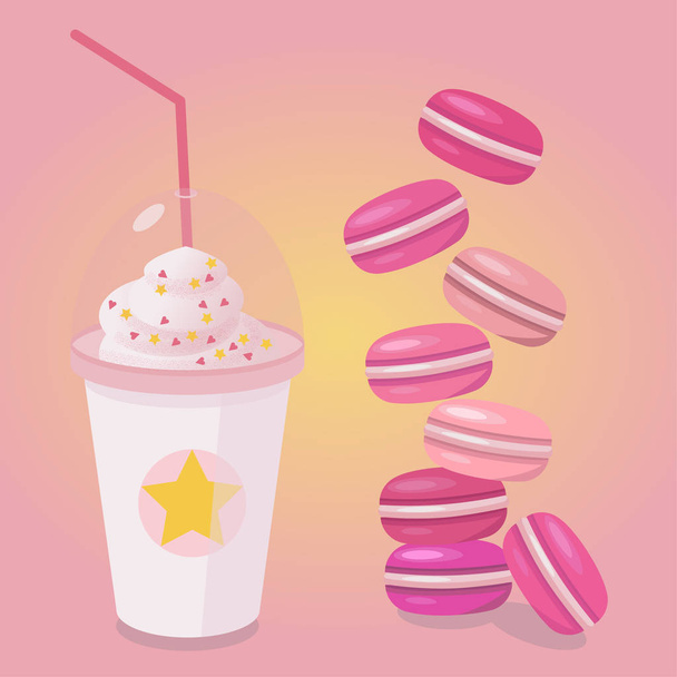 A cup of coffee and several multi-colored macaroons - Vector, imagen