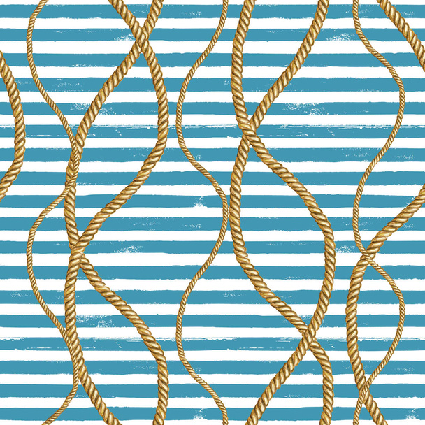 Seamless pattern sea nautical illustration. Watercolor hand drawn fashion texture with ropes. - Zdjęcie, obraz