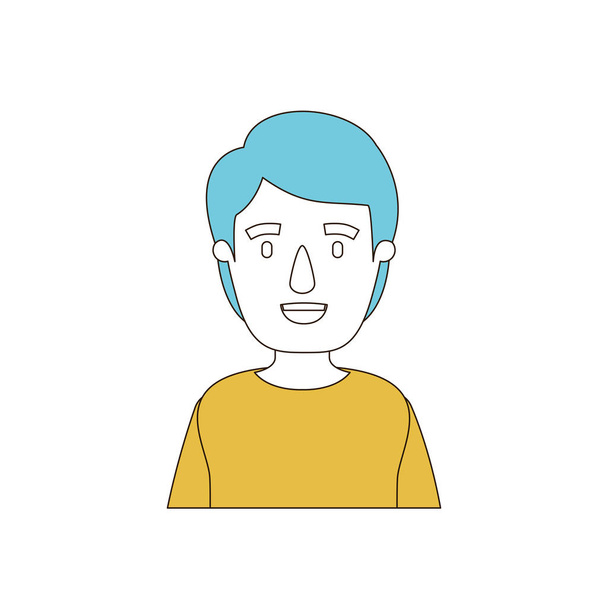 karikatúra színes szakaszok és kék haja félig test fiatal férfi frizurával - Vektor, kép