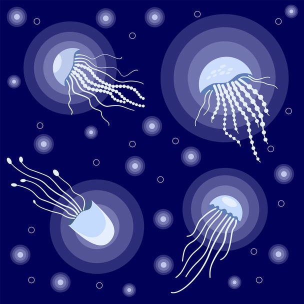 Светящиеся голубые медузы. Морские медузы в воде. Милые яркие векторные медузы. Морской набор. На синем фоне
 - Вектор,изображение