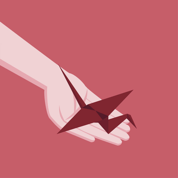 Origami isometric paper red crane. Gift message. Wish happiness. Icon - Vector, Image