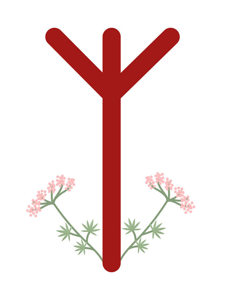 Fleece Skandinávie. Vektorová ilustrace runnes algiz. Symbol písmene FUTHARK. Duchovní esoterický. Fleece s listím a květinami - Vektor, obrázek