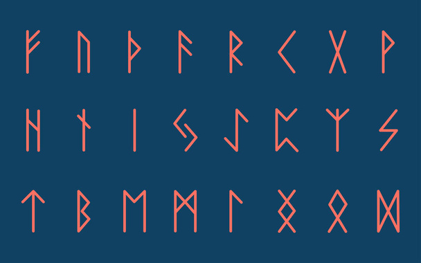 Set of ancient Norse runes. Runic alphabet, Futhark. Ancient occult symbols. Vector illustration. Old German coral letters on blue background - Vector, Image