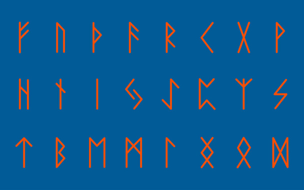 Set of ancient Norse runes. Runic alphabet, Futhark. Ancient occult symbols. Vector illustration. Old german orange letters on blue background - Vector, Image