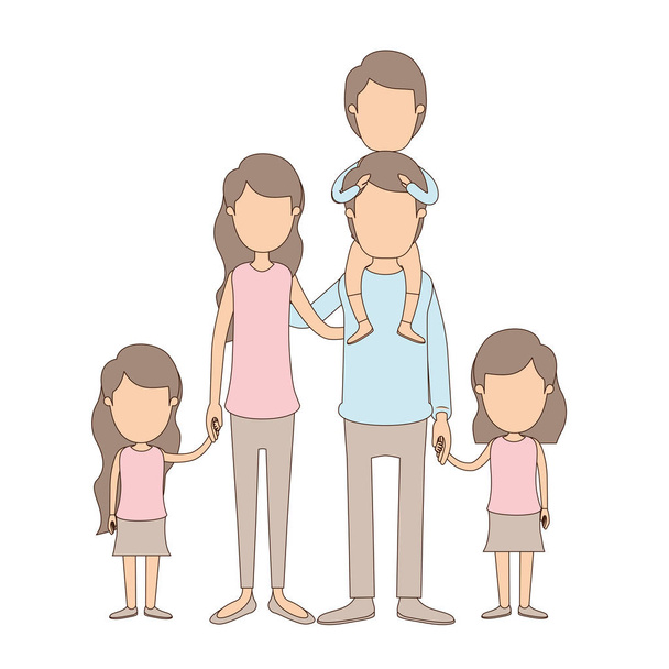 Lichtfarbe Karikatur gesichtslose große Familie Eltern mit Jungen auf dem Rücken und Töchtern genommen Hände - Vektor, Bild