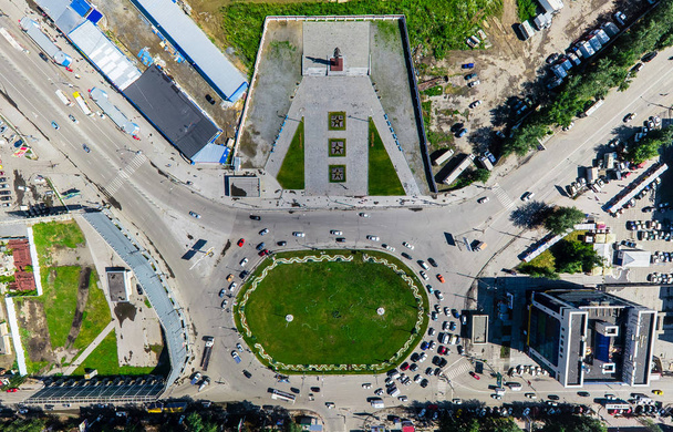 Aerial city view with crossroads and roads, houses buildings. Copter shot. Panoramic image. - Zdjęcie, obraz