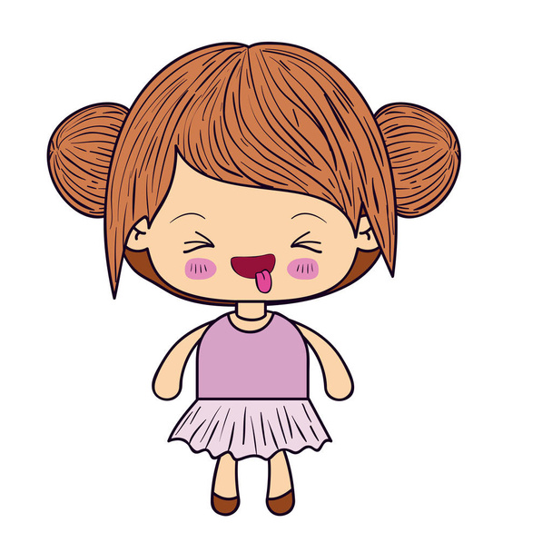 színes sziluettje Kawaii kislány gyűjtött haja és arckifejezése kellemetlen - Vektor, kép