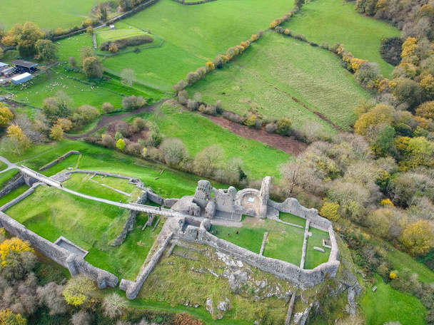 Aerial view Montgomery Castle in Powys, Wales. Top view Montgomery Castle ruin, in Wales. - Photo, Image