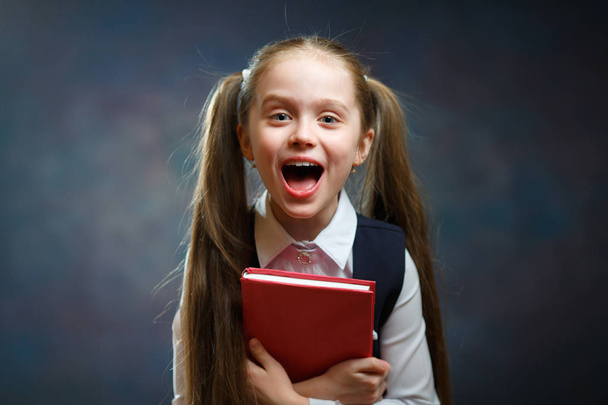 笑う長い髪の女子高生は赤い本の叫びを保持 - 写真・画像