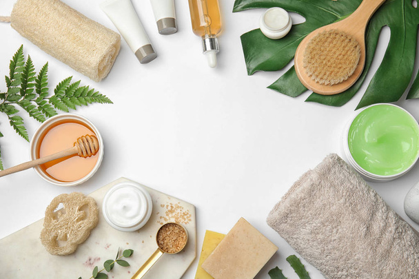 Flat lay composition with different body care products and space for text on white background - Foto, imagen
