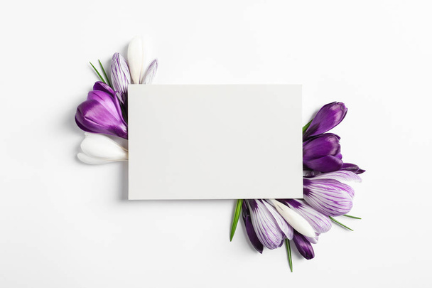 Beautiful spring crocus flowers and card on white background, top view. Space for text - Photo, image