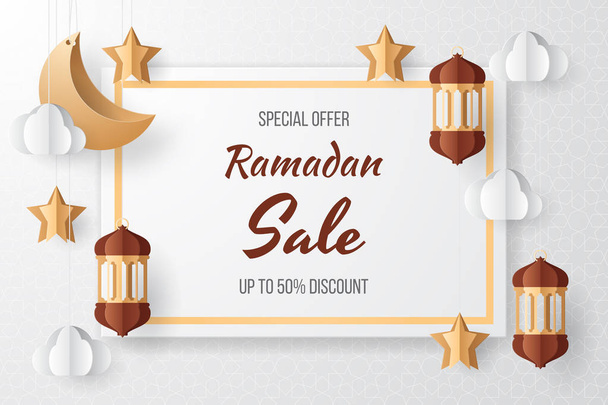 Illustration de fond de vente Ramadan avec lanternes arabes, mosquée, lune, étoile et nuages. Coupe de papier. Illustration vectorielle
. - Vecteur, image