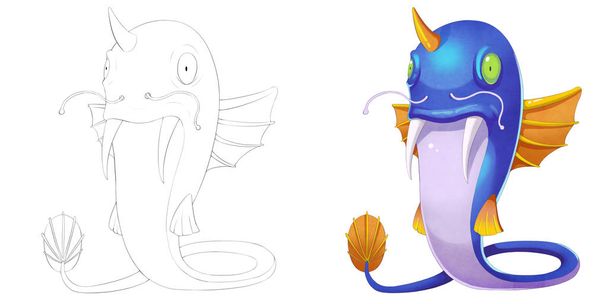 Criatura de pez gato con alas. Libro para colorear, Bosquejo, Monster Mascot Character Design aislado sobre fondo blanco
  - Foto, imagen