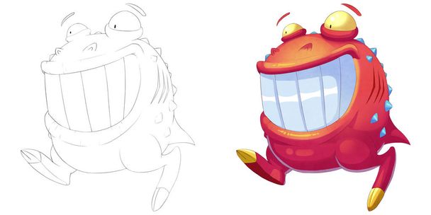 Happy Red Ball Big Mouth Creature. Libro para colorear, Bosquejo, Monster Mascot Character Design aislado sobre fondo blanco
 - Foto, imagen