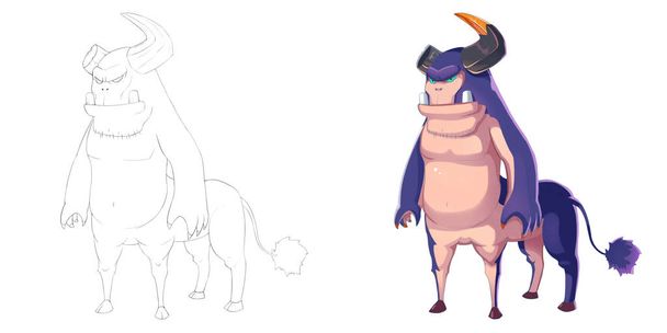 Istota małpa Centaur Bull. Kolorowanka, szkic szkicu, potwór maskotka Projektowanie znaków na białym tle - Zdjęcie, obraz