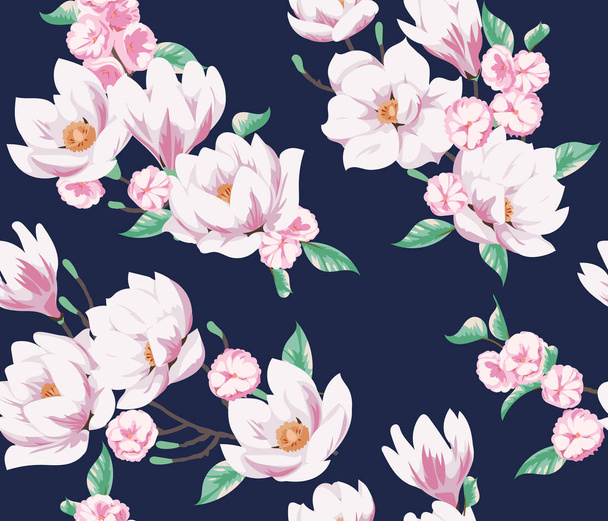 Nahtloses Federmuster mit Magnolien. Stoffdesign für elegantes Sommerkleid - Vektor, Bild