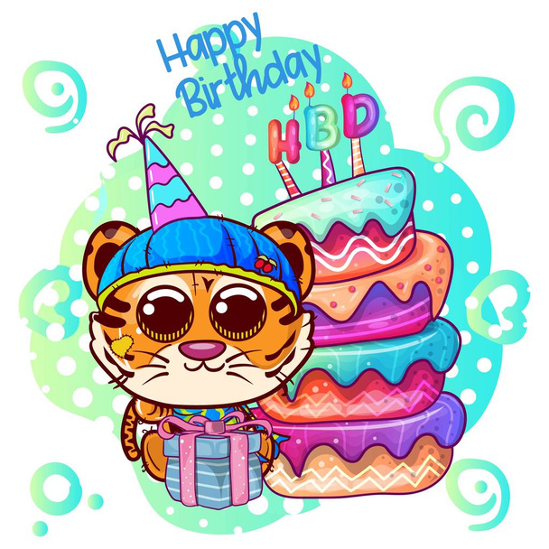 Ευχετήρια κάρτα γενεθλίων με χαριτωμένο τίγρη - Εικονογράφηση - Διάνυσμα, εικόνα