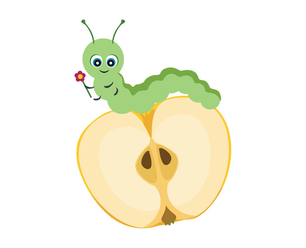 Карикатура смешная гусеница с цветком на яблоке. Векторная иллюстрация в простом, плоском, детском стиле на белом фоне
. - Вектор,изображение