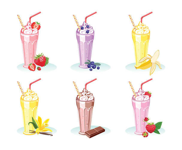 Set of glasses with different milkshakes isolated on white background. Strawberries, raspberries, blueberries, vanilla, chocolate, banana. Vector illustration of sweet fresh drink in flat style. - Vektori, kuva