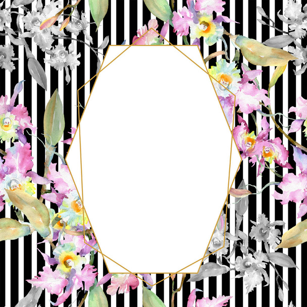 Bouquet of pink orchid. Floral botanical flowers. Watercolor background illustration set. Frame border ornament square. - Φωτογραφία, εικόνα