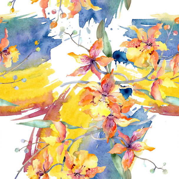 黄色の蘭の支店。花植物の花。水彩画背景イラスト セット。シームレスな背景パターン. - 写真・画像