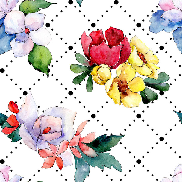 Bouquets floral botanical flowers. Wild spring leaf isolated. Watercolor illustration set. Seamless background pattern. - Photo, image