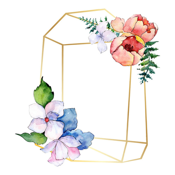Blumensträuße botanische Blumen. Aquarell Hintergrundillustration Set. Rahmen Rand Kristall Ornament Quadrat. - Foto, Bild