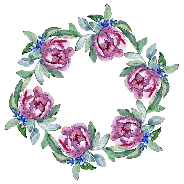 紫色の花束花植物の花。水彩画背景イラスト セット。フレーム枠飾りスクエア. - 写真・画像