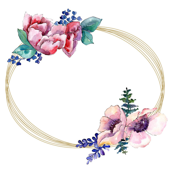 Purple bouquet floral botanical flower. Watercolor background illustration set. Frame border ornament square. - Foto, Bild