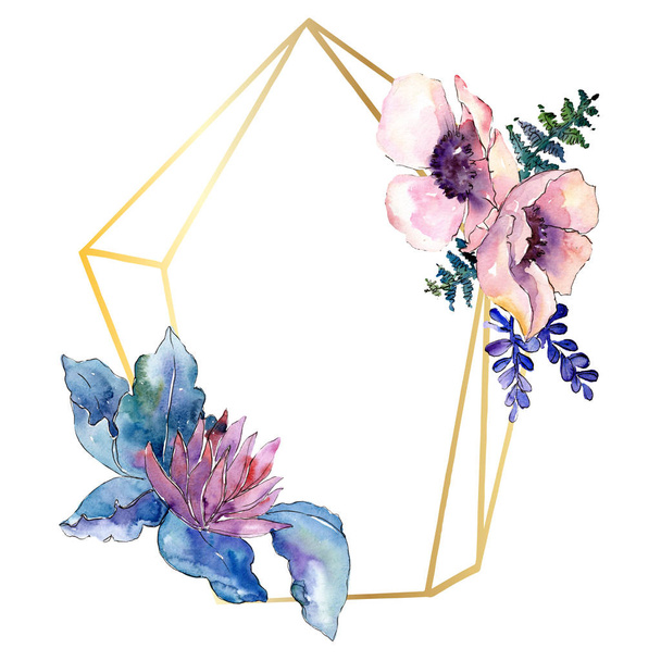 Bouquet violet fleur botanique florale. Ensemble d'illustration de fond aquarelle. Cadre bordure ornement carré
. - Photo, image