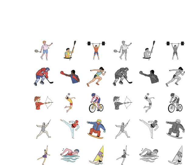 Different kinds of sports cartoon,mono icons in set collection for design. Athlete, competitions vector symbol stock web illustration. - Вектор,изображение