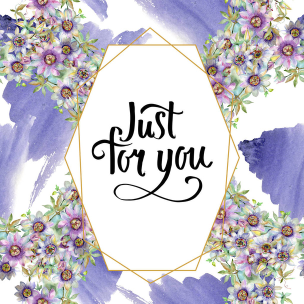 Buquê violeta azul flores botânicas florais. Conjunto de ilustração de fundo aquarela. Quadro borda ornamento quadrado
. - Foto, Imagem