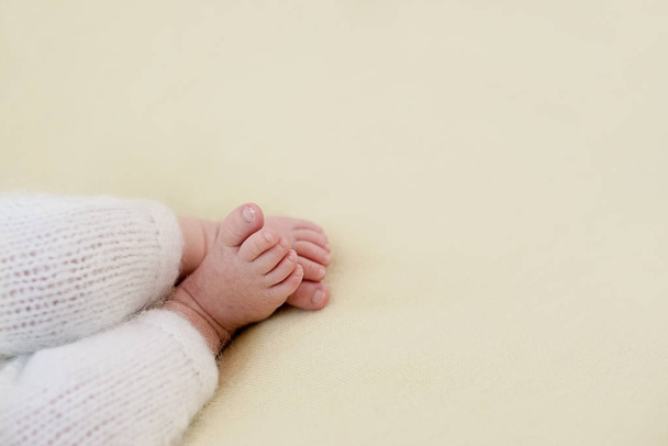 Pés de um bebê recém-nascido, dedos dos pés nas mãos de mãe e pai, mãos e unhas de uma criança, os primeiros dias de vida após o nascimento, pele escamosa - Foto, Imagem