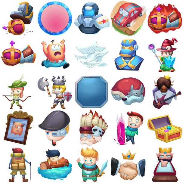 Achievements and Character Icons Set. Video Game Assets, Objects; Story Book, Card Illustration Pieces isolated on White Background - Photo, Image