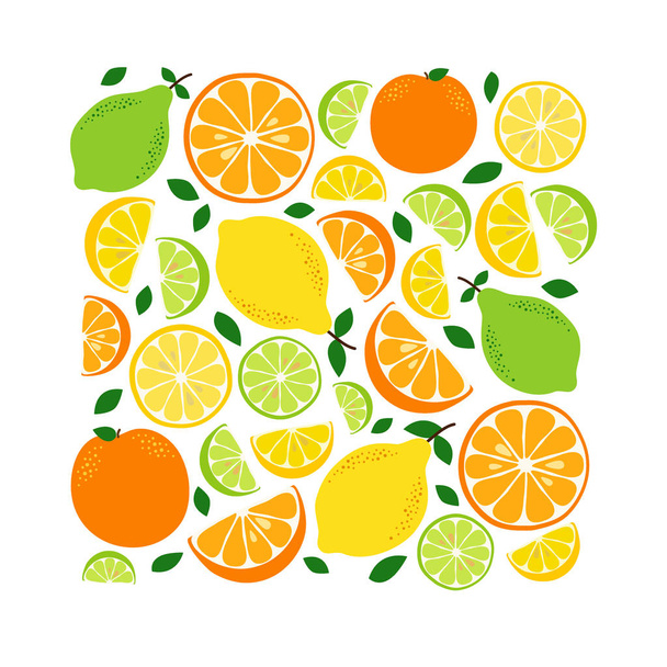 Cute Citrus Fruits Lemon, Lime and Orange background in vivid tasty colors ideal for Fresh Lemonade - Vektor, obrázek