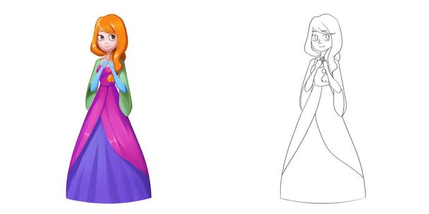 Cute Long Hair Princess, Big Eye Girl. Coloring Book, Outline Sketch, Human Character Design isolated on White Background - Photo, Image