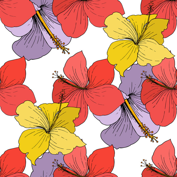 Vector Hibiscus floral tropical flowers. Wild spring leaf wildflower isolated. Engraved ink art on white background. Seamless background pattern. Fabric wallpaper print texture. - Vector, Imagen