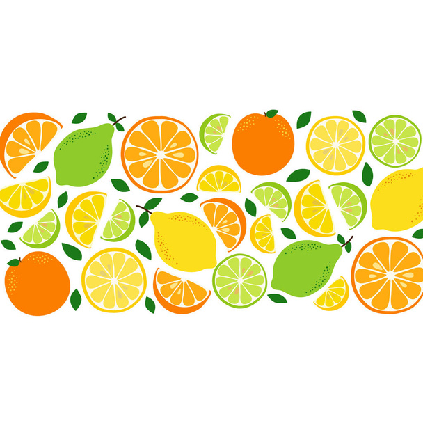 Schattig Citrus vruchten citroen, limoen en sinaasappel achtergrond in levendige smakelijke kleuren ideaal voor verse limonade - Vector, afbeelding