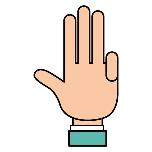 シャツスリーブを持つ4本の指を示すカラースケッチのシルエットハンドパーム - ベクター画像
