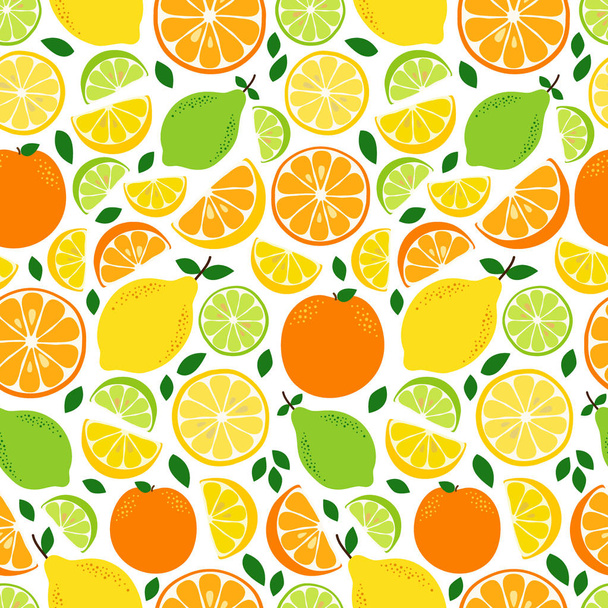 Cute Seamless Pattern with Fresh Lemonade ingredients Citrus Fruits Lemon, Lime and Orange in vivid tasty colors - Vector, Image