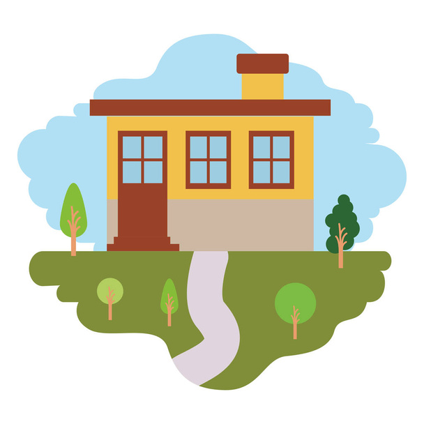 white background with colorful scene of natural landscape and small house facade with chimney - Vector, Image