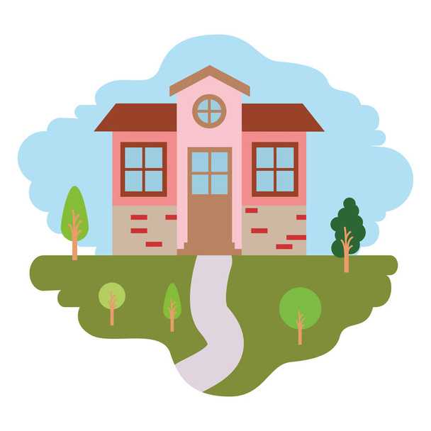 white background with colorful scene of natural landscape and small house facade - Vector, Image