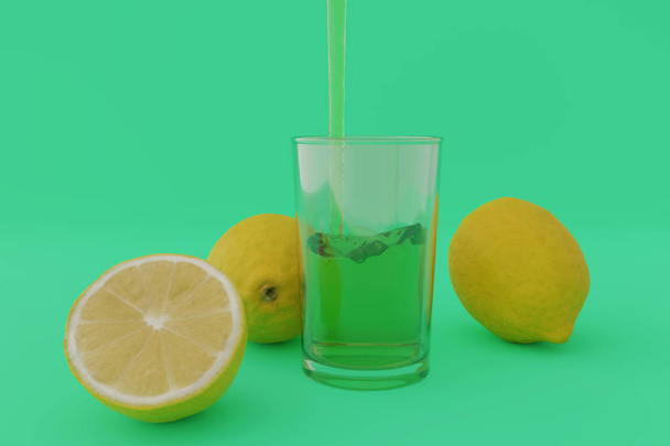 3d rendering of lemonade filling into glass next to the lemons a - Photo, Image